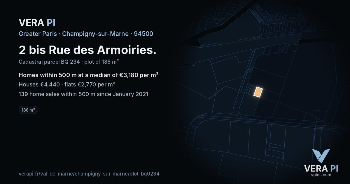 2 bis Rue des Armoiries, Champigny-sur-Marne at night – the plot lit, the parcels around coloured by the prices near them