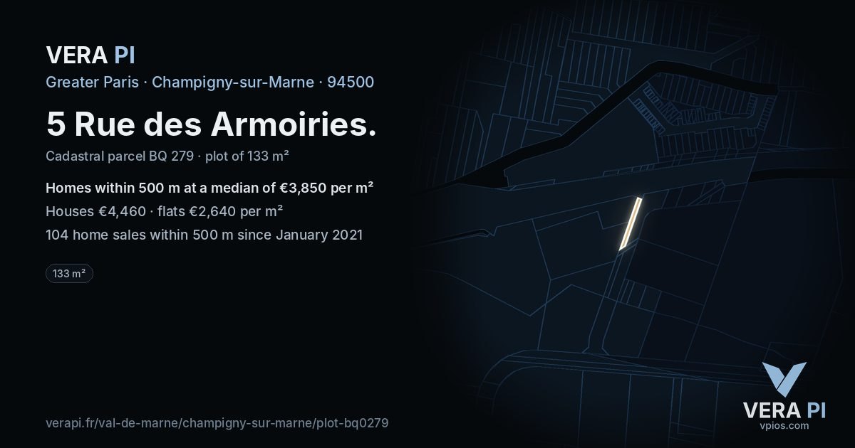 5 Rue des Armoiries, Champigny-sur-Marne at night – the plot lit, the parcels around coloured by the prices near them