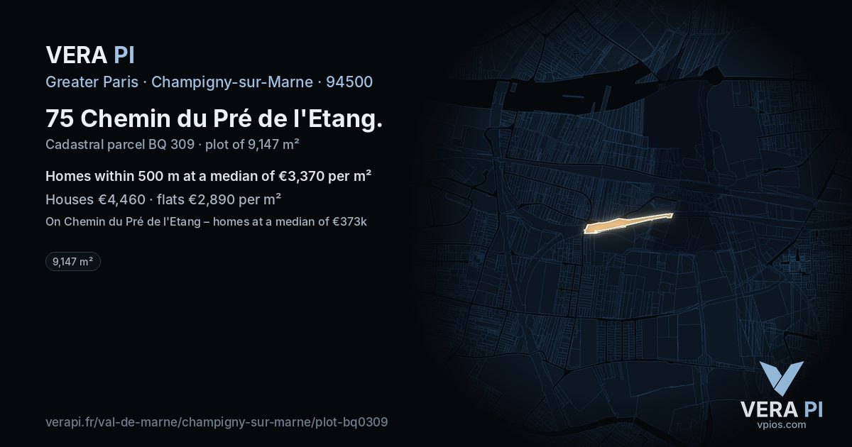 75 Chemin du Pré de l'Etang, Champigny-sur-Marne at night – the plot lit, the parcels around coloured by the prices near them