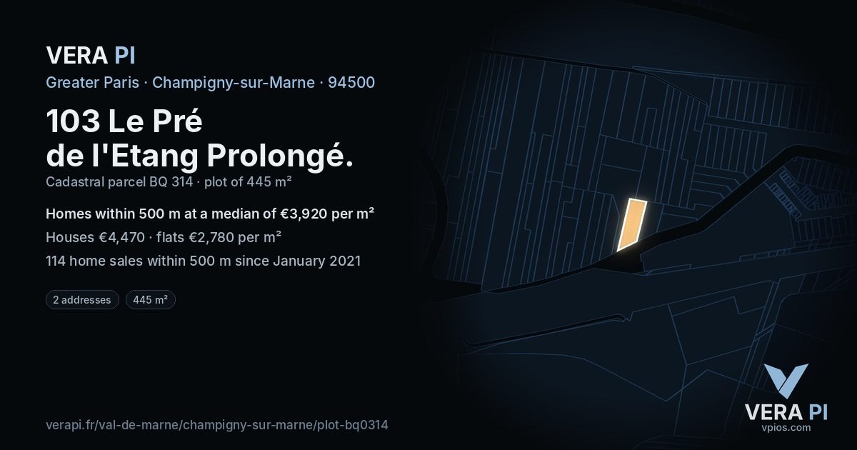 103 Le Pré de l'Etang Prolongé, Champigny-sur-Marne at night – the plot lit, the parcels around coloured by the prices near them