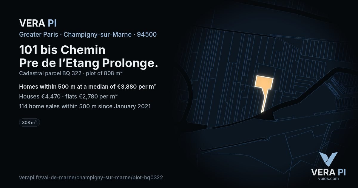 101 bis Chemin Pre de l’Etang Prolonge, Champigny-sur-Marne at night – the plot lit, the parcels around coloured by the prices near them
