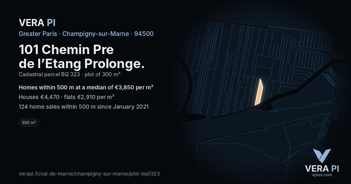 101 Chemin Pre de l’Etang Prolonge, Champigny-sur-Marne at night – the plot lit, the parcels around coloured by the prices near them