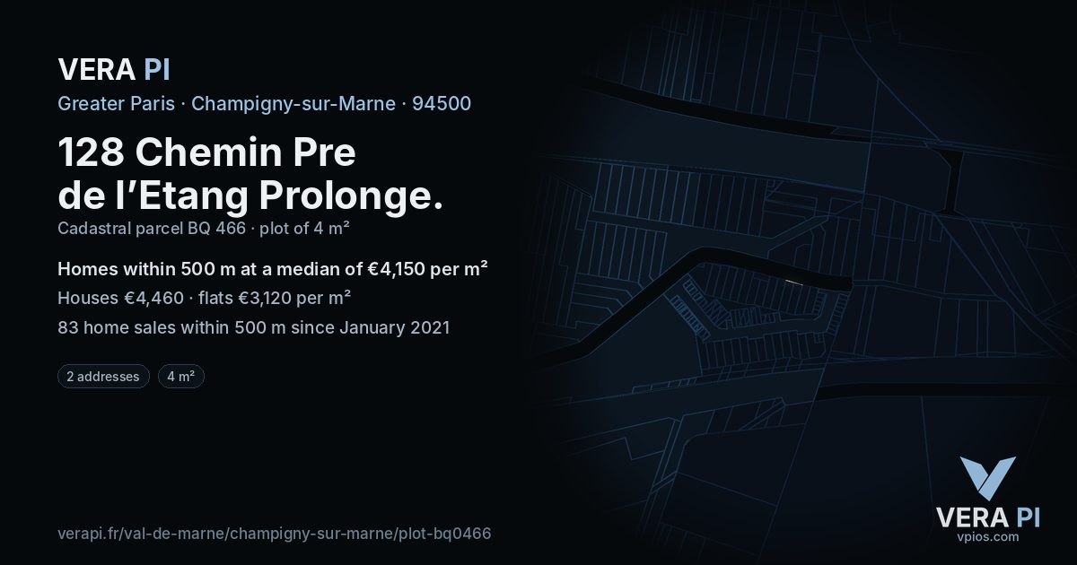 128 Chemin Pre de l’Etang Prolonge, Champigny-sur-Marne at night – the plot lit, the parcels around coloured by the prices near them