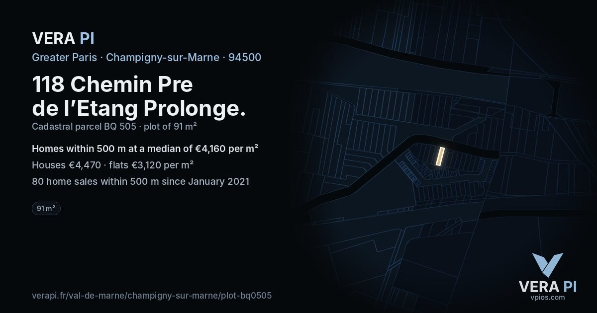 118 Chemin Pre de l’Etang Prolonge, Champigny-sur-Marne at night – the plot lit, the parcels around coloured by the prices near them