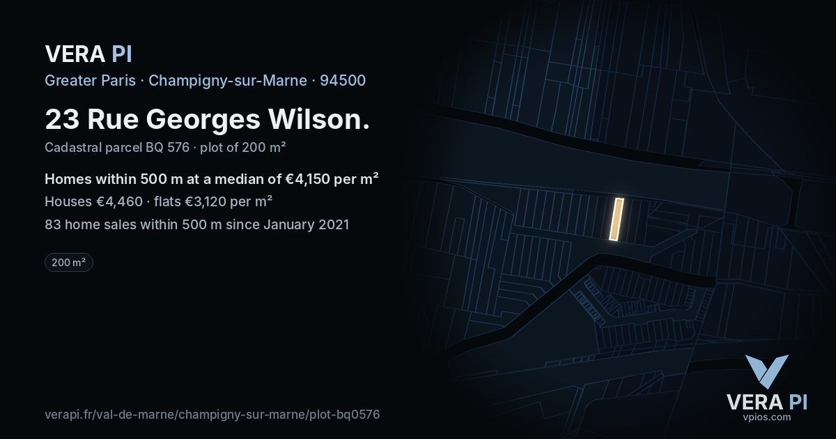 23 Rue Georges Wilson, Champigny-sur-Marne at night – the plot lit, the parcels around coloured by the prices near them