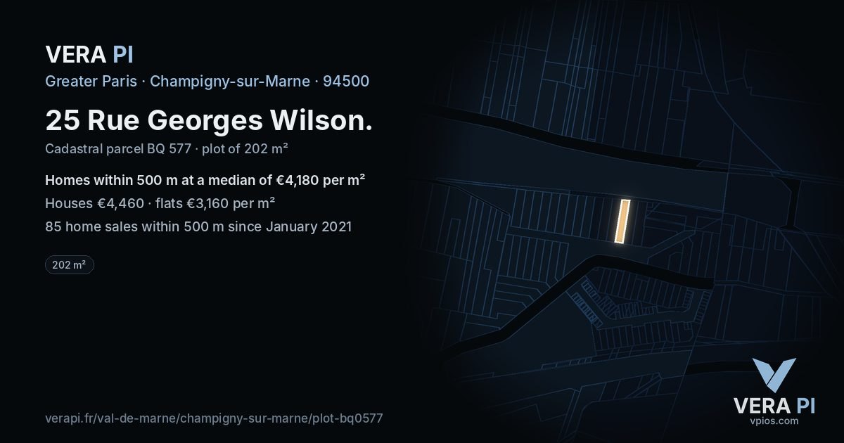 25 Rue Georges Wilson, Champigny-sur-Marne at night – the plot lit, the parcels around coloured by the prices near them
