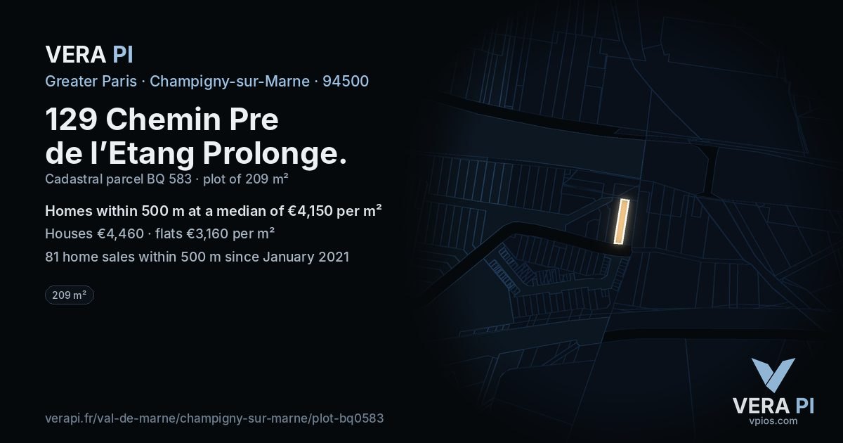 129 Chemin Pre de l’Etang Prolonge, Champigny-sur-Marne at night – the plot lit, the parcels around coloured by the prices near them