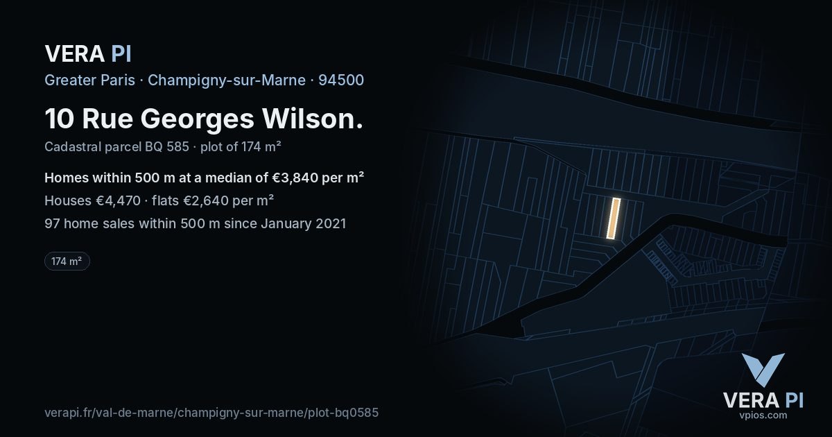 10 Rue Georges Wilson, Champigny-sur-Marne at night – the plot lit, the parcels around coloured by the prices near them