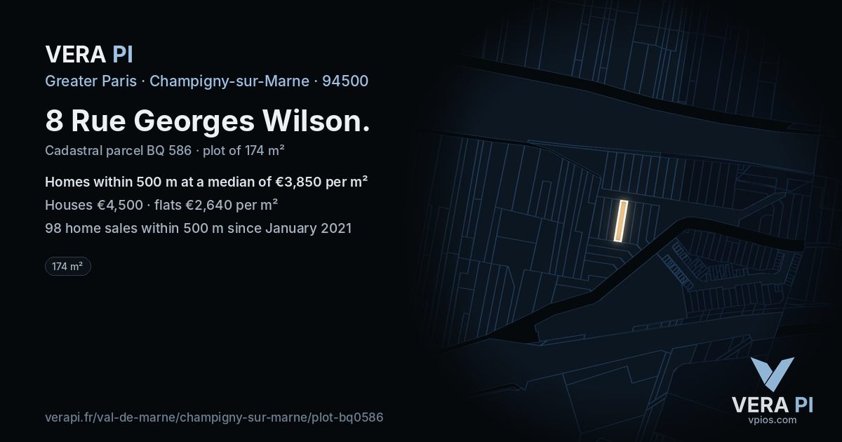8 Rue Georges Wilson, Champigny-sur-Marne at night – the plot lit, the parcels around coloured by the prices near them