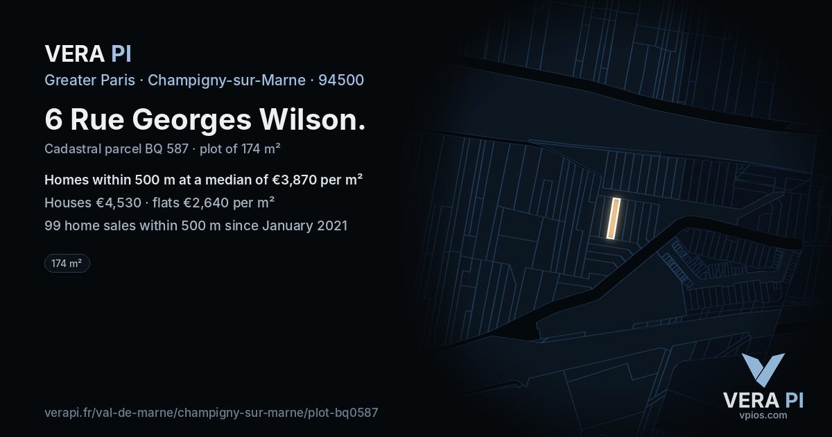 6 Rue Georges Wilson, Champigny-sur-Marne at night – the plot lit, the parcels around coloured by the prices near them
