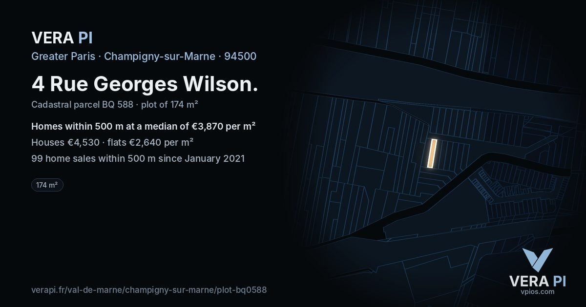 4 Rue Georges Wilson, Champigny-sur-Marne at night – the plot lit, the parcels around coloured by the prices near them