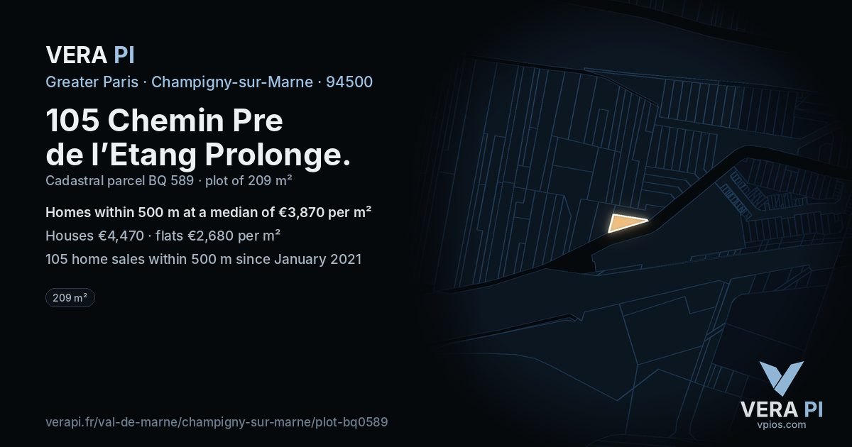 105 Chemin Pre de l’Etang Prolonge, Champigny-sur-Marne at night – the plot lit, the parcels around coloured by the prices near them