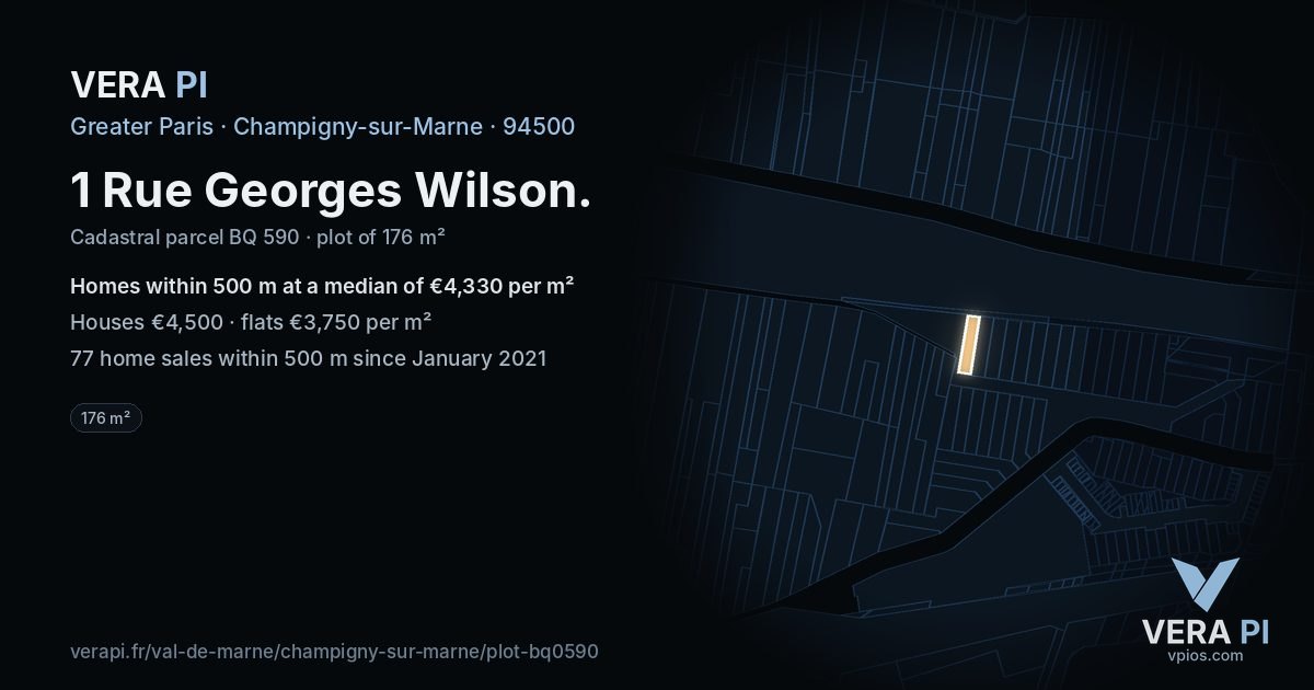 1 Rue Georges Wilson, Champigny-sur-Marne at night – the plot lit, the parcels around coloured by the prices near them
