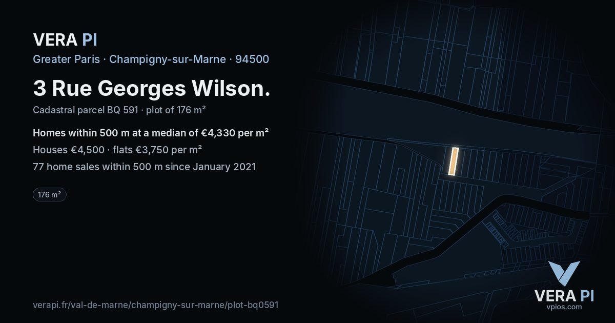 3 Rue Georges Wilson, Champigny-sur-Marne at night – the plot lit, the parcels around coloured by the prices near them