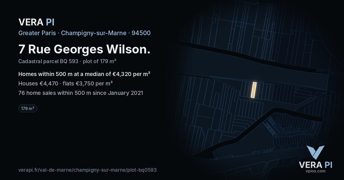 7 Rue Georges Wilson, Champigny-sur-Marne at night – the plot lit, the parcels around coloured by the prices near them