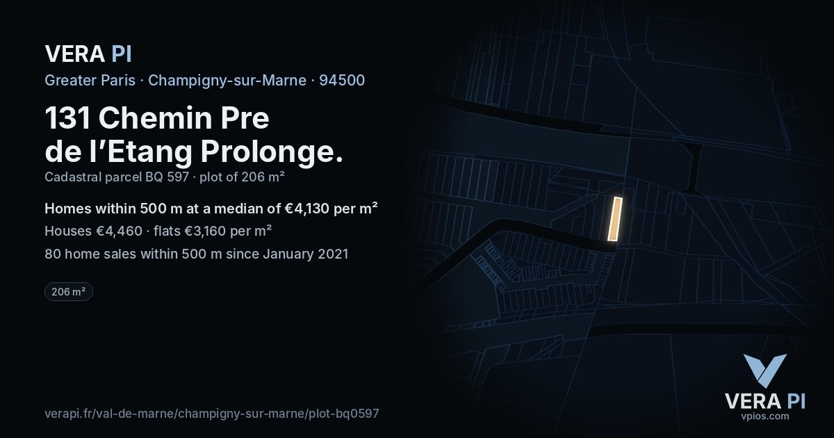 131 Chemin Pre de l’Etang Prolonge, Champigny-sur-Marne at night – the plot lit, the parcels around coloured by the prices near them
