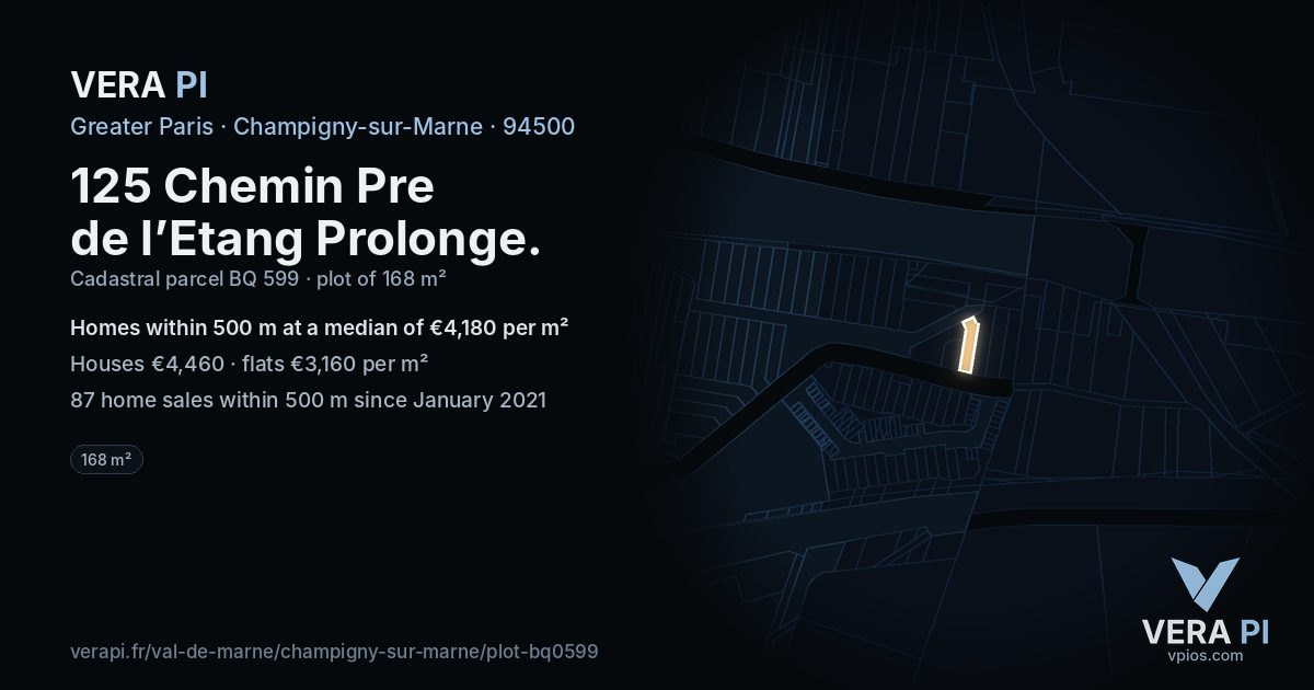 125 Chemin Pre de l’Etang Prolonge, Champigny-sur-Marne at night – the plot lit, the parcels around coloured by the prices near them