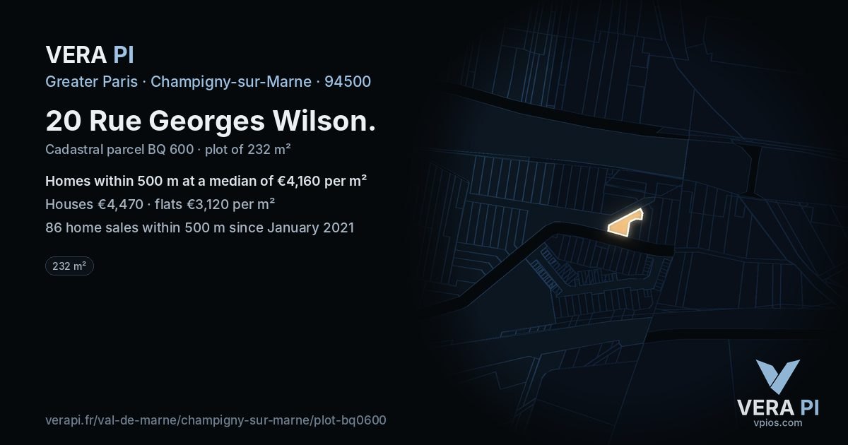 20 Rue Georges Wilson, Champigny-sur-Marne at night – the plot lit, the parcels around coloured by the prices near them