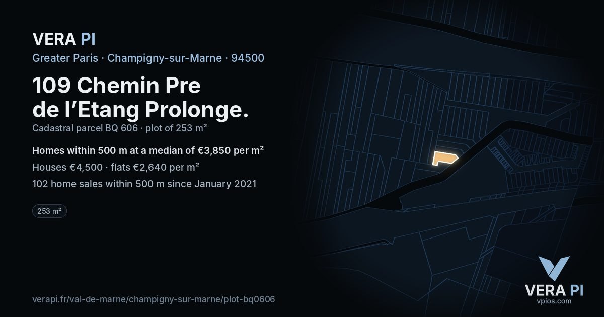 109 Chemin Pre de l’Etang Prolonge, Champigny-sur-Marne at night – the plot lit, the parcels around coloured by the prices near them