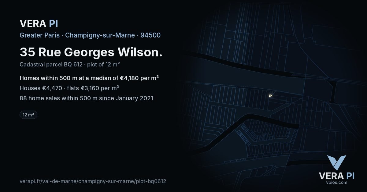 35 Rue Georges Wilson, Champigny-sur-Marne at night – the plot lit, the parcels around coloured by the prices near them