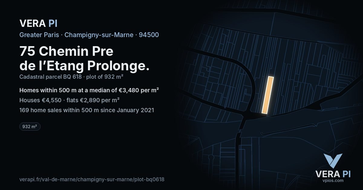 75 Chemin Pre de l’Etang Prolonge, Champigny-sur-Marne at night – the plot lit, the parcels around coloured by the prices near them