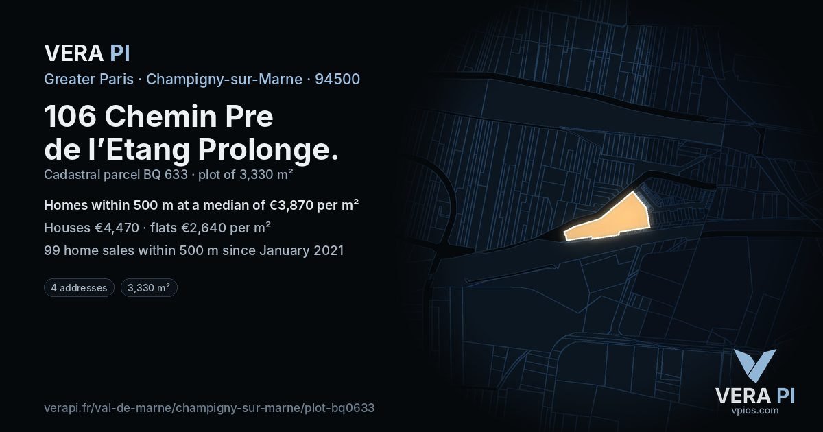106 Chemin Pre de l’Etang Prolonge, Champigny-sur-Marne at night – the plot lit, the parcels around coloured by the prices near them