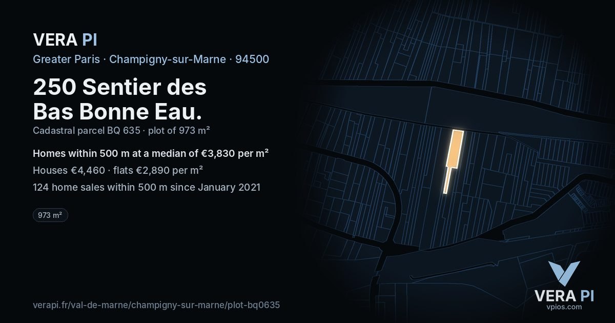 250 Sentier des Bas Bonne Eau, Champigny-sur-Marne at night – the plot lit, the parcels around coloured by the prices near them