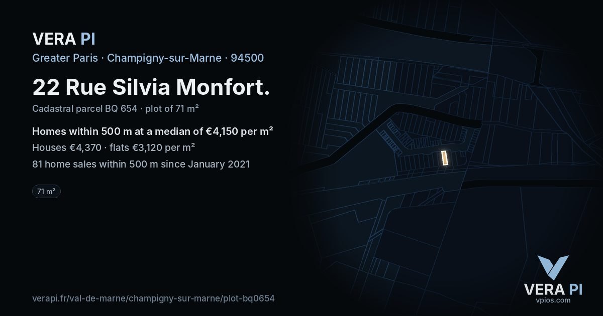 22 Rue Silvia Monfort, Champigny-sur-Marne at night – the plot lit, the parcels around coloured by the prices near them