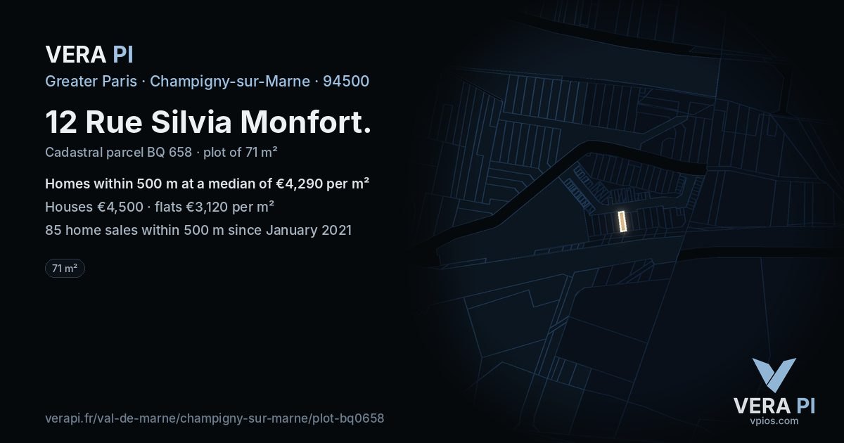 12 Rue Silvia Monfort, Champigny-sur-Marne at night – the plot lit, the parcels around coloured by the prices near them