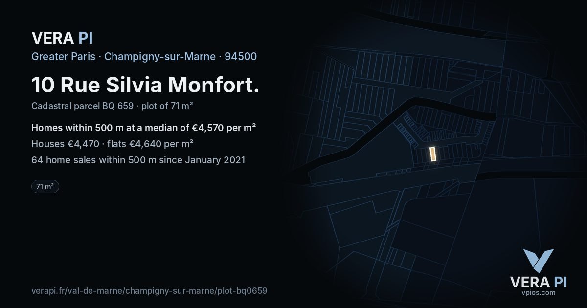 10 Rue Silvia Monfort, Champigny-sur-Marne at night – the plot lit, the parcels around coloured by the prices near them