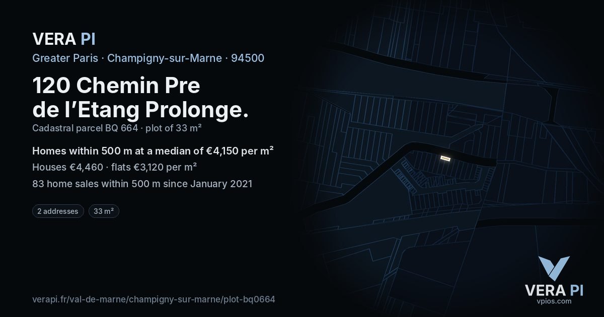 120 Chemin Pre de l’Etang Prolonge, Champigny-sur-Marne at night – the plot lit, the parcels around coloured by the prices near them