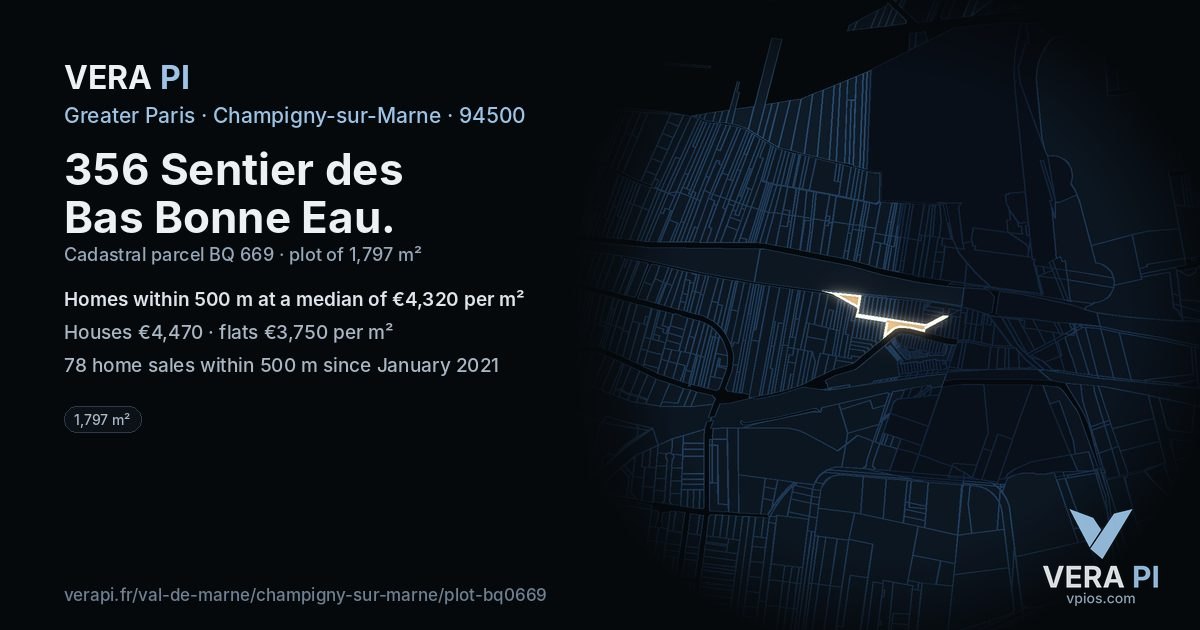 356 Sentier des Bas Bonne Eau, Champigny-sur-Marne at night – the plot lit, the parcels around coloured by the prices near them