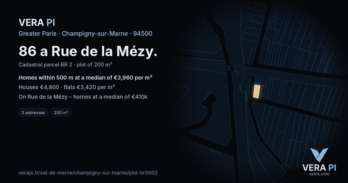 86 a Rue de la Mézy, Champigny-sur-Marne at night – the plot lit, the parcels around coloured by the prices near them