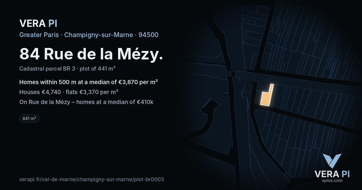 84 Rue de la Mézy, Champigny-sur-Marne at night – the plot lit, the parcels around coloured by the prices near them