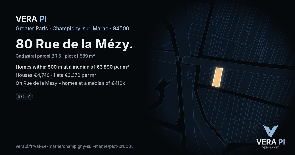 80 Rue de la Mézy, Champigny-sur-Marne at night – the plot lit, the parcels around coloured by the prices near them