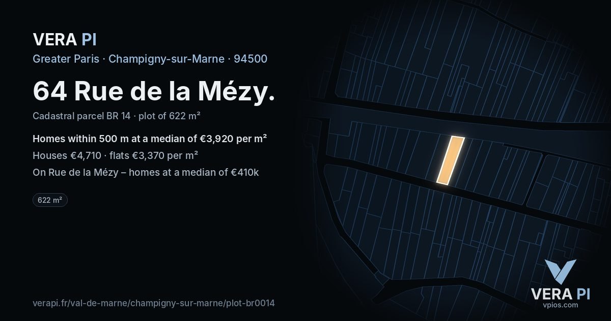 64 Rue de la Mézy, Champigny-sur-Marne at night – the plot lit, the parcels around coloured by the prices near them