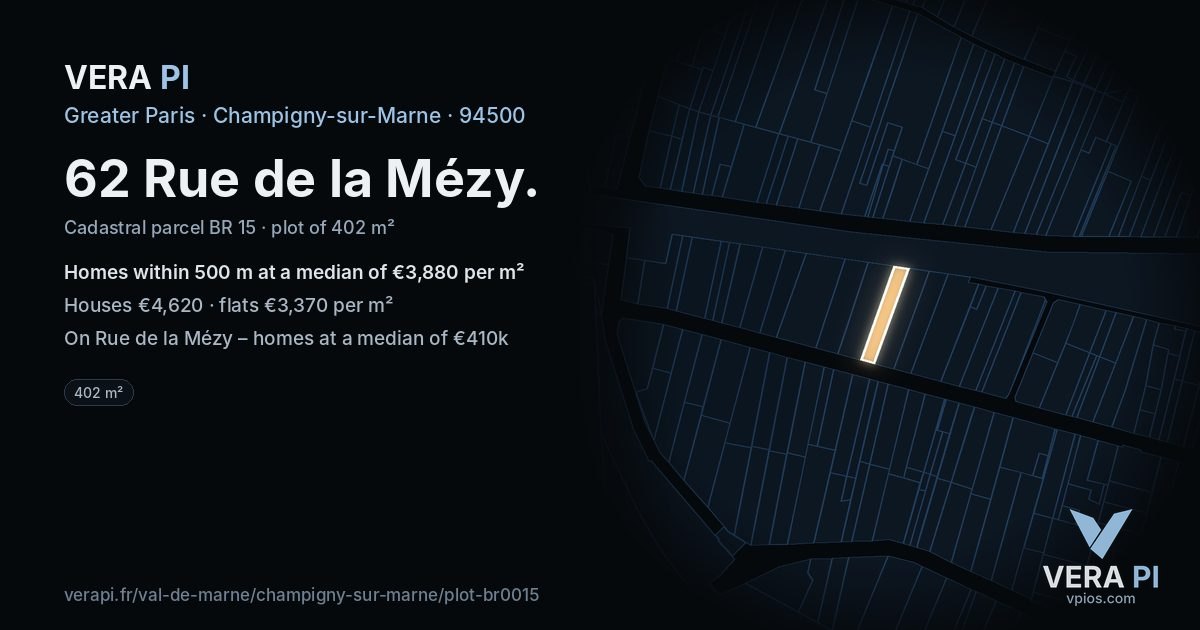 62 Rue de la Mézy, Champigny-sur-Marne at night – the plot lit, the parcels around coloured by the prices near them