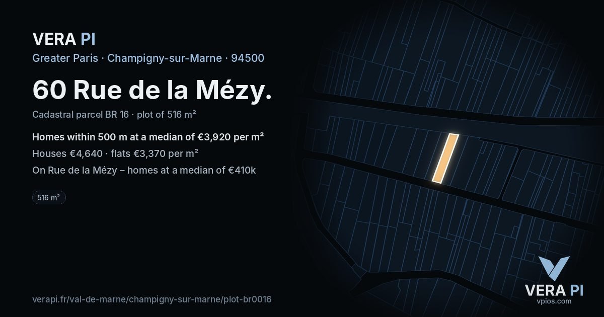 60 Rue de la Mézy, Champigny-sur-Marne at night – the plot lit, the parcels around coloured by the prices near them