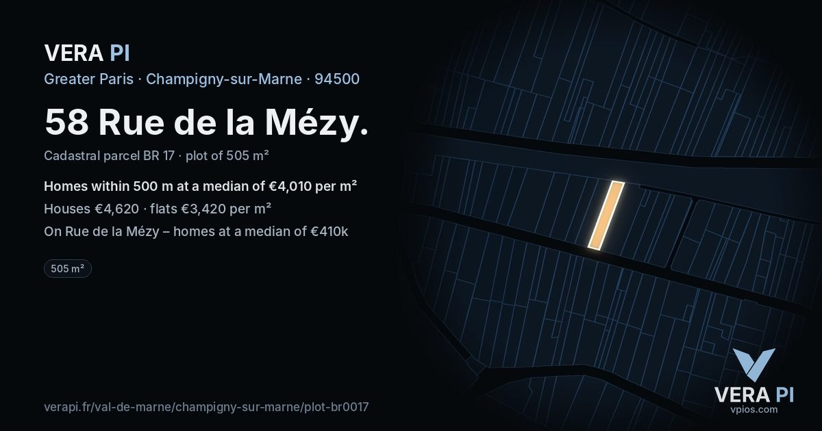 58 Rue de la Mézy, Champigny-sur-Marne at night – the plot lit, the parcels around coloured by the prices near them