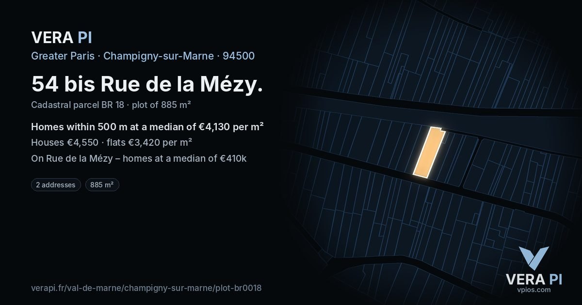 54 bis Rue de la Mézy, Champigny-sur-Marne at night – the plot lit, the parcels around coloured by the prices near them