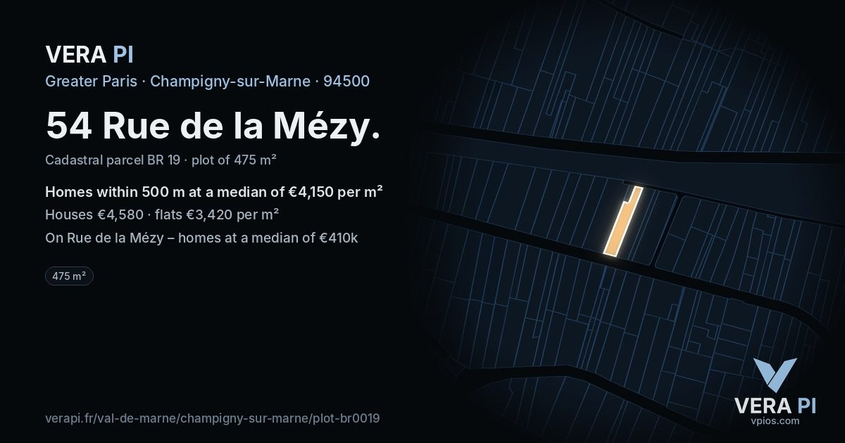 54 Rue de la Mézy, Champigny-sur-Marne at night – the plot lit, the parcels around coloured by the prices near them