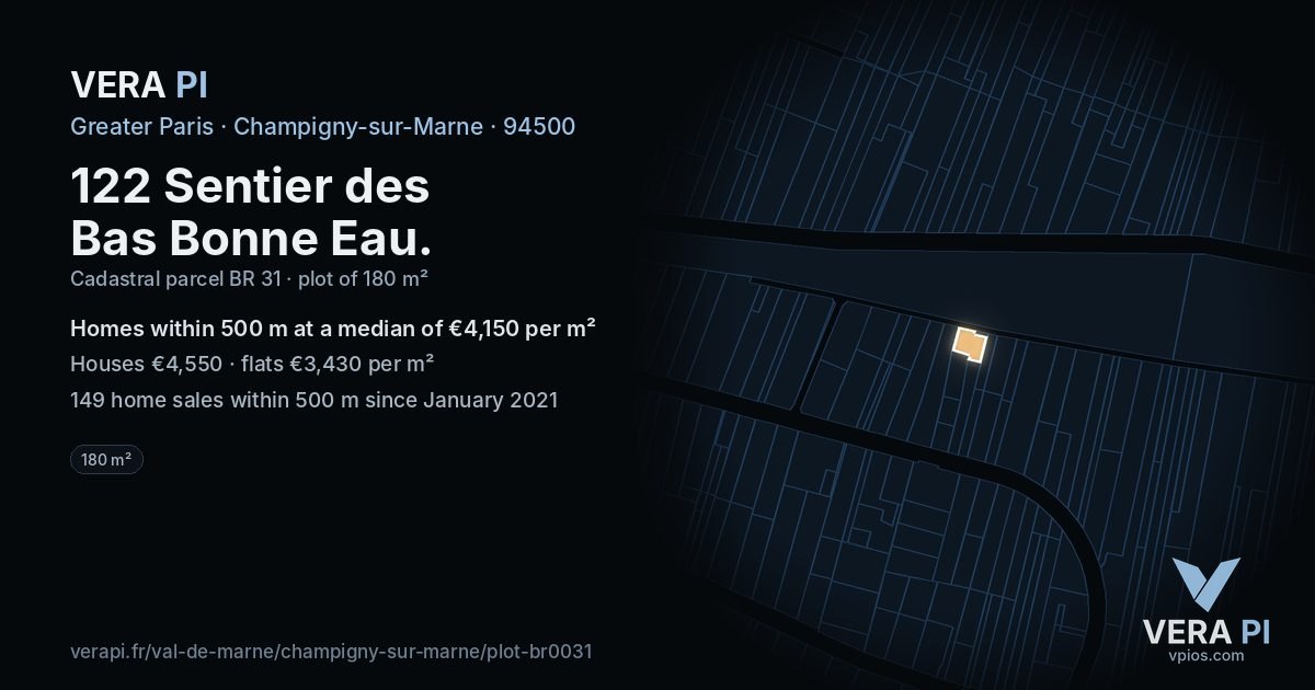 122 Sentier des Bas Bonne Eau, Champigny-sur-Marne at night – the plot lit, the parcels around coloured by the prices near them