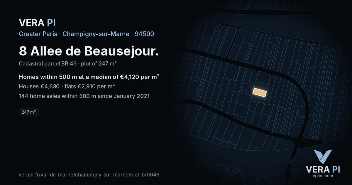 8 Allee de Beausejour, Champigny-sur-Marne at night – the plot lit, the parcels around coloured by the prices near them