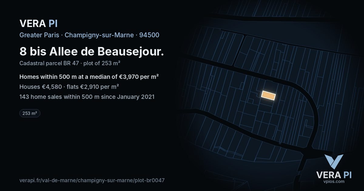 8 bis Allee de Beausejour, Champigny-sur-Marne at night – the plot lit, the parcels around coloured by the prices near them