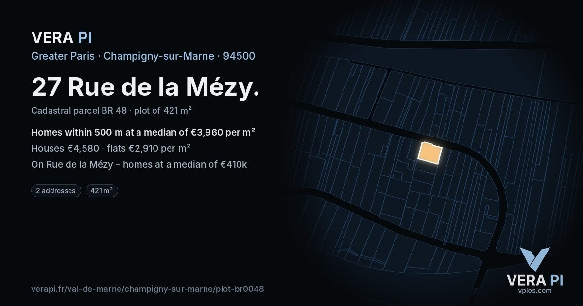 27 Rue de la Mézy, Champigny-sur-Marne at night – the plot lit, the parcels around coloured by the prices near them