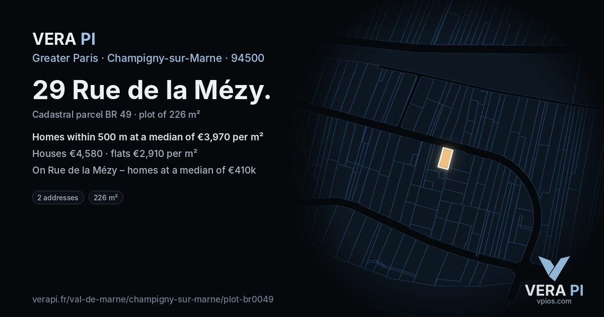 29 Rue de la Mézy, Champigny-sur-Marne at night – the plot lit, the parcels around coloured by the prices near them