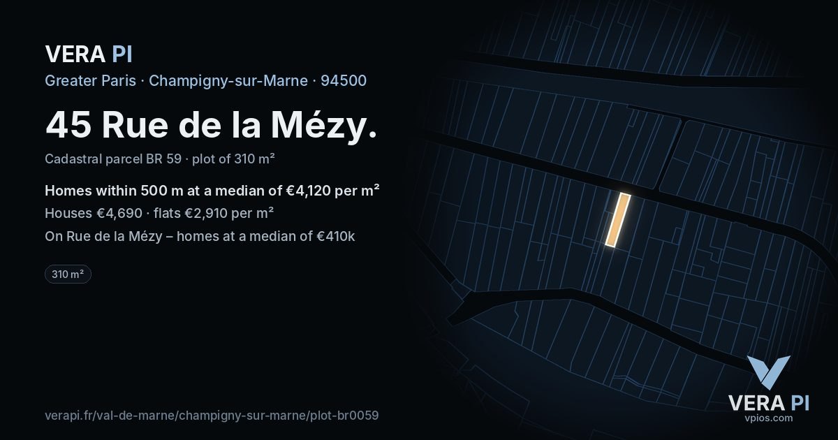 45 Rue de la Mézy, Champigny-sur-Marne at night – the plot lit, the parcels around coloured by the prices near them