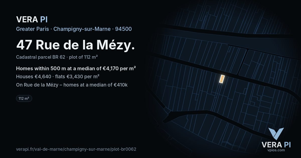 47 Rue de la Mézy, Champigny-sur-Marne at night – the plot lit, the parcels around coloured by the prices near them