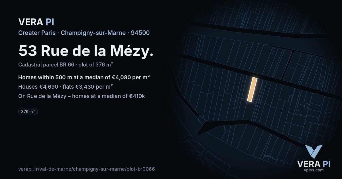 53 Rue de la Mézy, Champigny-sur-Marne at night – the plot lit, the parcels around coloured by the prices near them