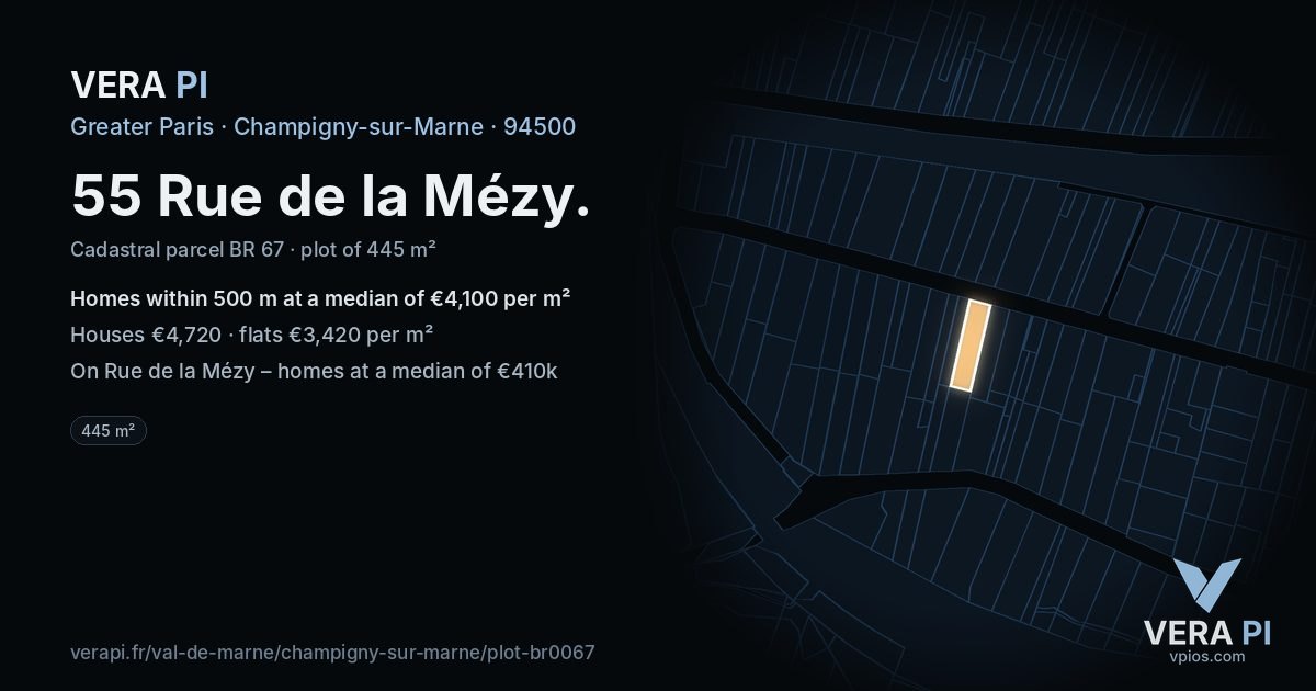 55 Rue de la Mézy, Champigny-sur-Marne at night – the plot lit, the parcels around coloured by the prices near them